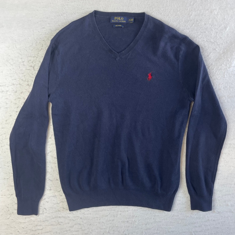 Polo Ralph Lauren V-Neck Sweater Small Navy Blue Pima Cotton Embroidered Logo